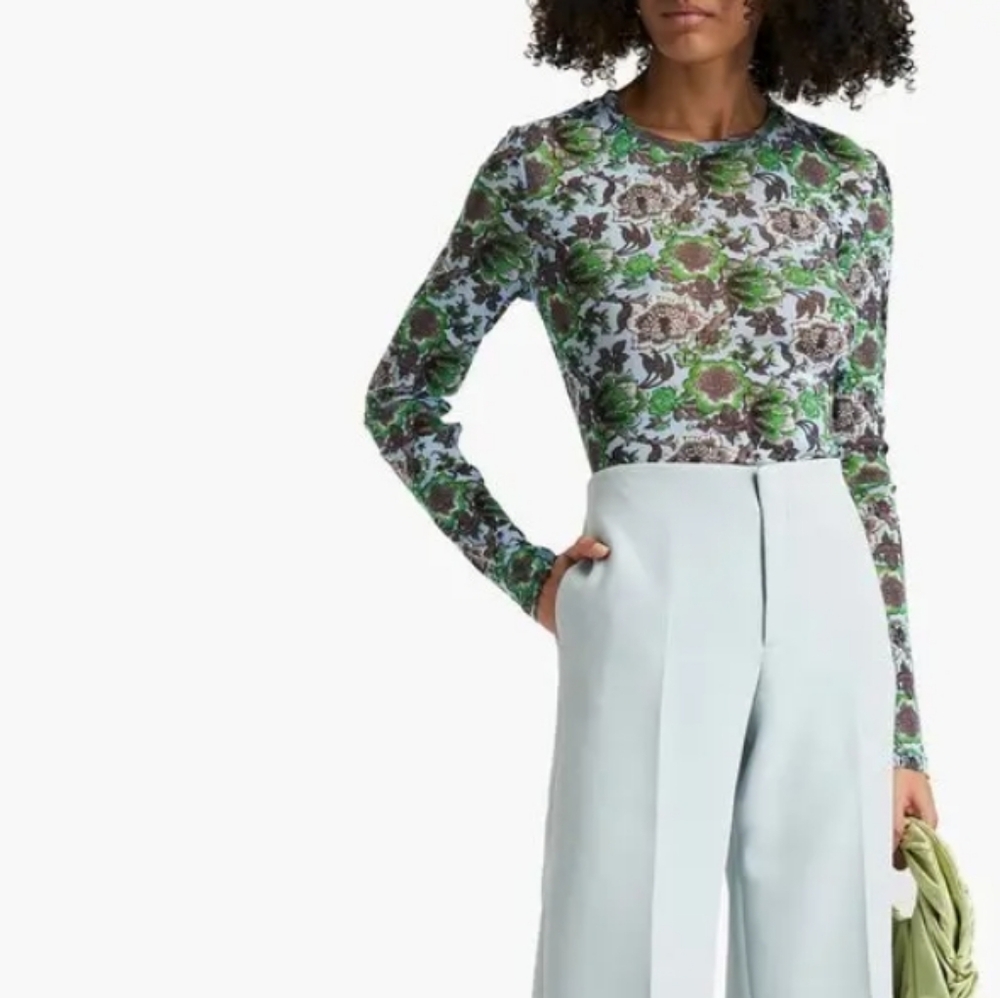 DIANE VON FURSTENBURG Logan Printed Semi Sheer Stretch Mesh Top Shirt In Sky L